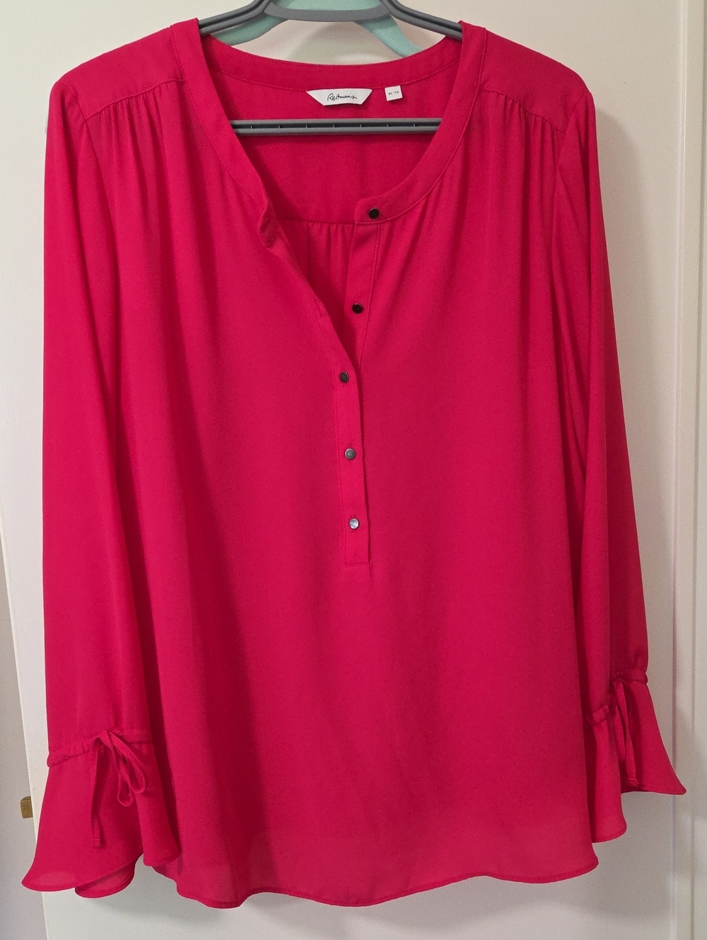 Hot Pink Split-Neck Tie-Cuff Blouse